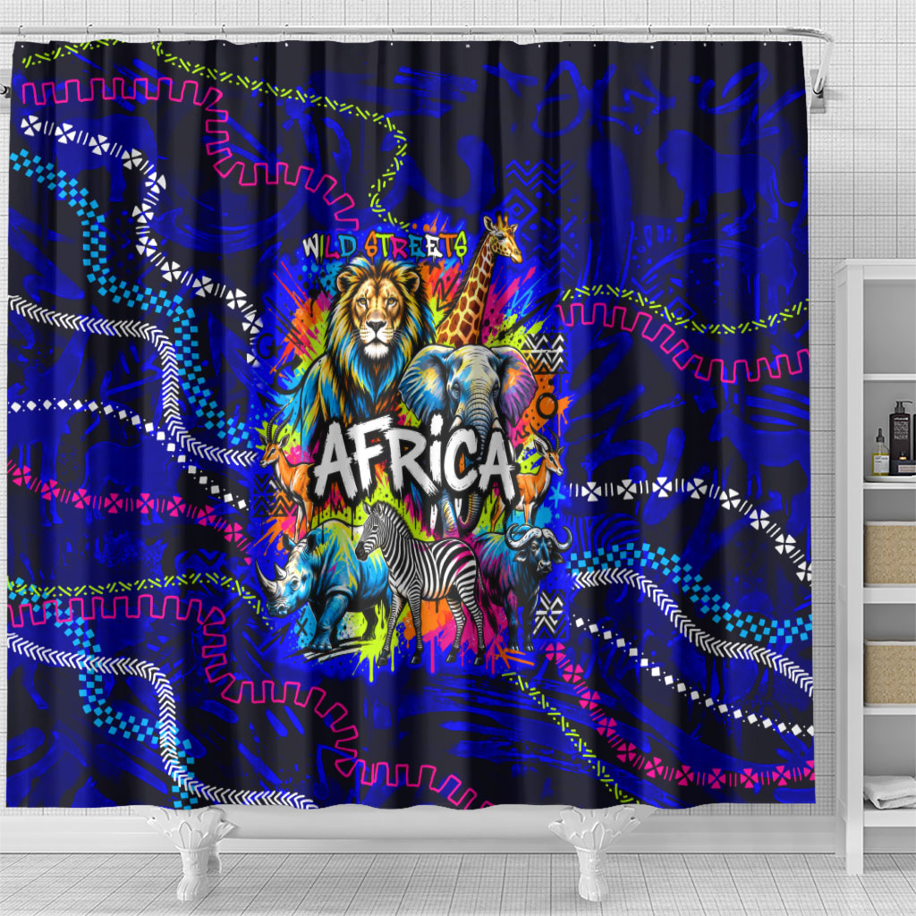 African Wildlife Born Wild Shower Curtain Colorful Graffiti Street Art - Tribal Safari Lion Elephant