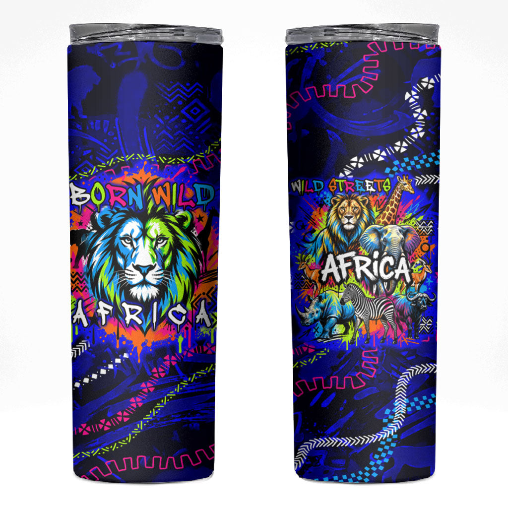 African Wildlife Born Wild Skinny Tumbler Colorful Graffiti Street Art - Tribal Safari Lion Elephant