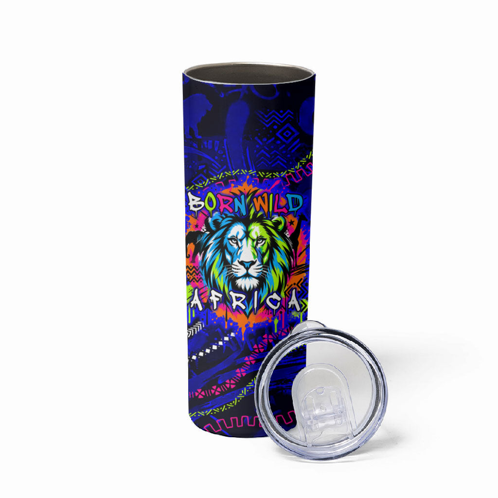 African Wildlife Born Wild Skinny Tumbler Colorful Graffiti Street Art - Tribal Safari Lion Elephant