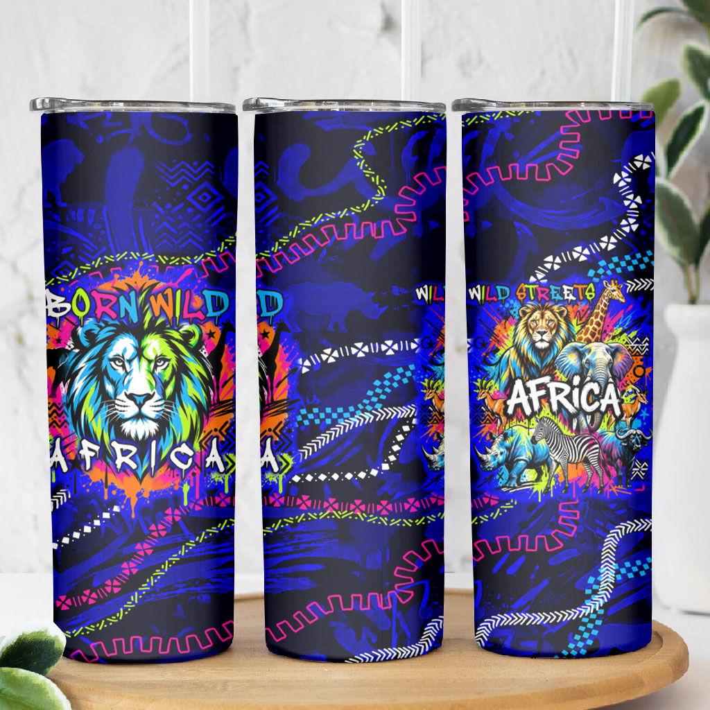 African Wildlife Born Wild Skinny Tumbler Colorful Graffiti Street Art - Tribal Safari Lion Elephant