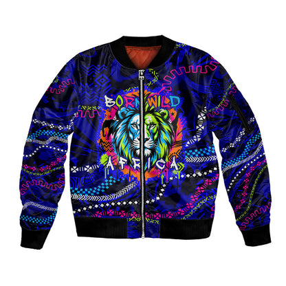 African Wildlife Born Wild Sleeve Zip Bomber Jacket Colorful Graffiti Street Art - Tribal Safari Lion Elephant