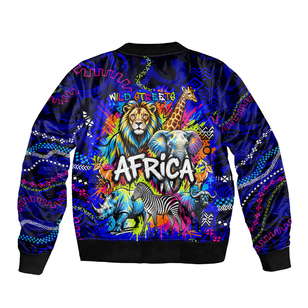 African Wildlife Born Wild Sleeve Zip Bomber Jacket Colorful Graffiti Street Art - Tribal Safari Lion Elephant