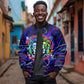 African Wildlife Born Wild Sleeve Zip Bomber Jacket Colorful Graffiti Street Art - Tribal Safari Lion Elephant