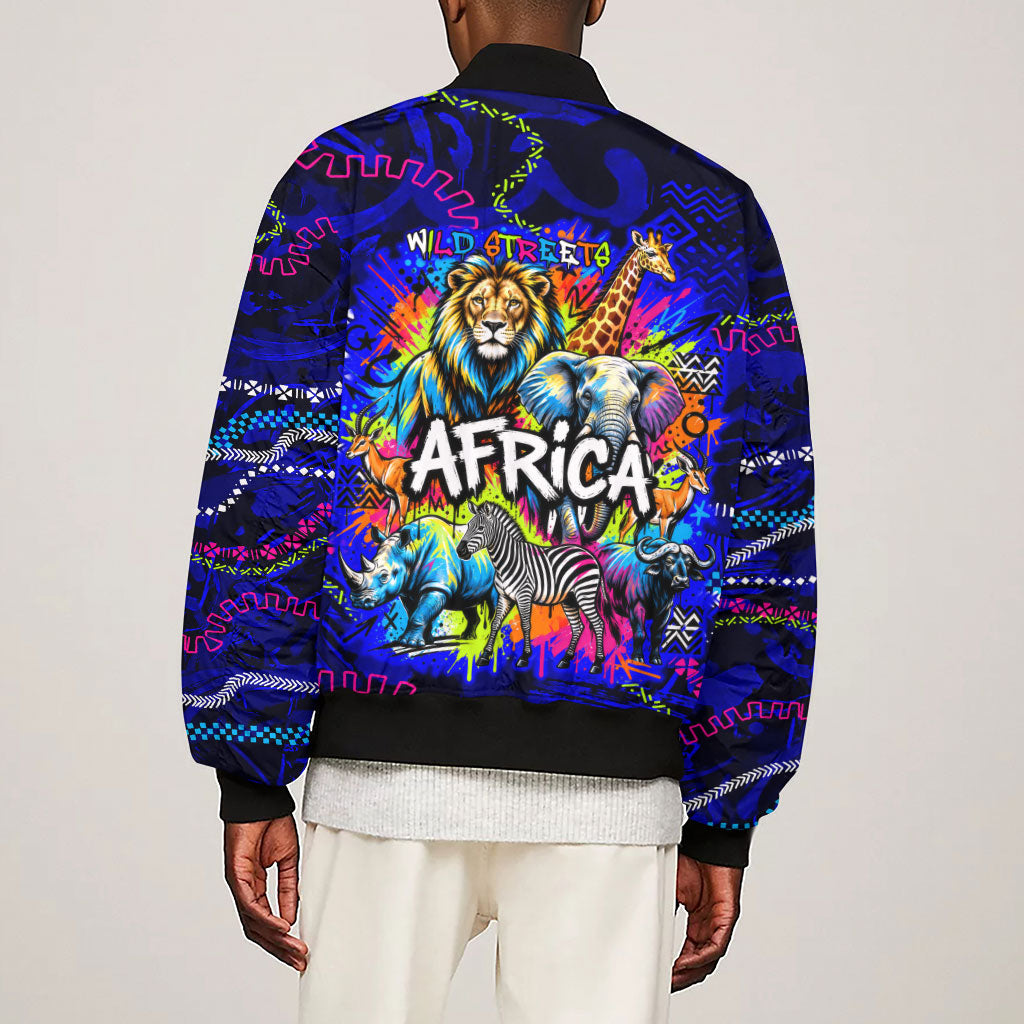 African Wildlife Born Wild Sleeve Zip Bomber Jacket Colorful Graffiti Street Art - Tribal Safari Lion Elephant