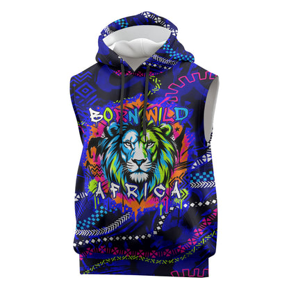 African Wildlife Born Wild Sleeveless Hoodie Colorful Graffiti Street Art - Tribal Safari Lion Elephant
