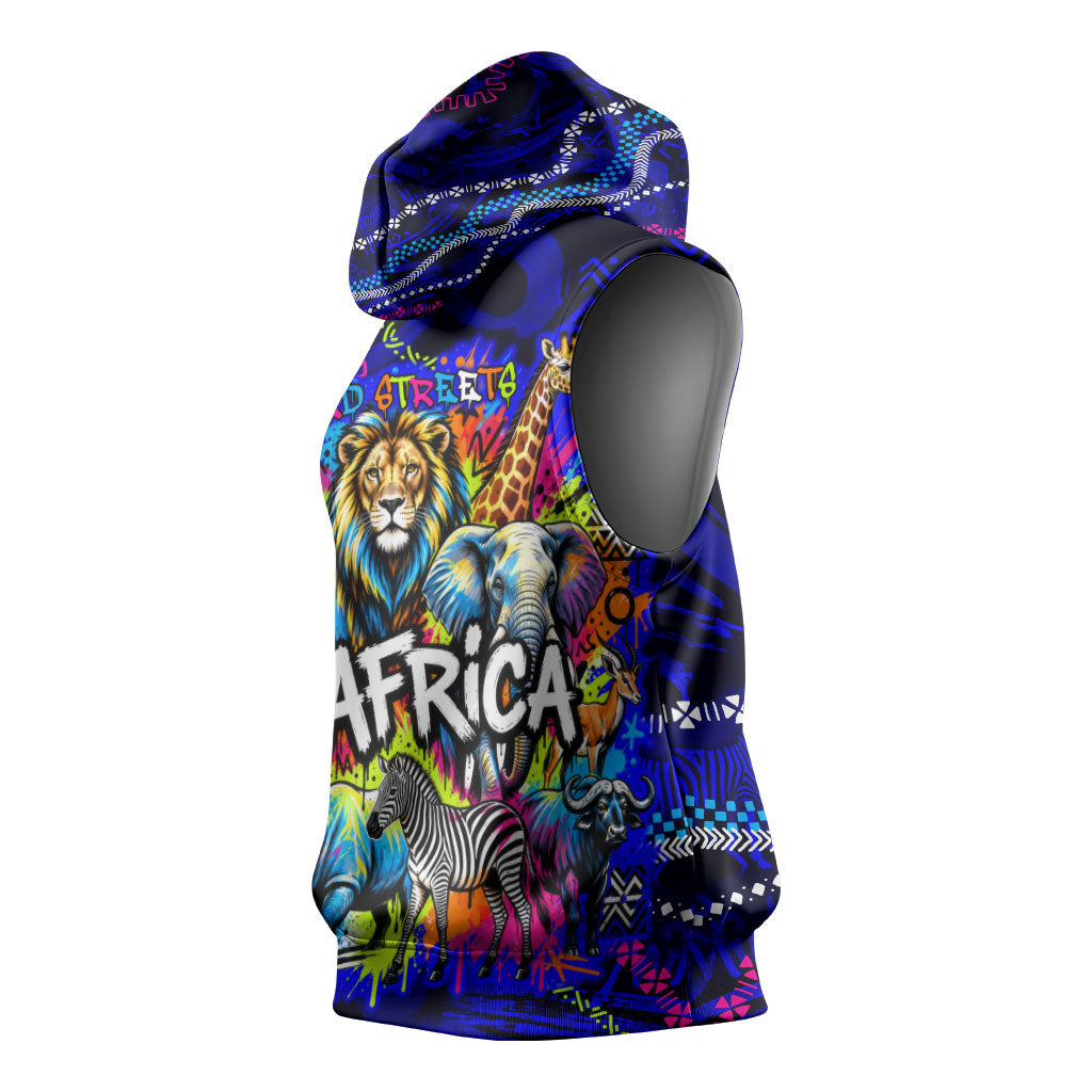 African Wildlife Born Wild Sleeveless Hoodie Colorful Graffiti Street Art - Tribal Safari Lion Elephant