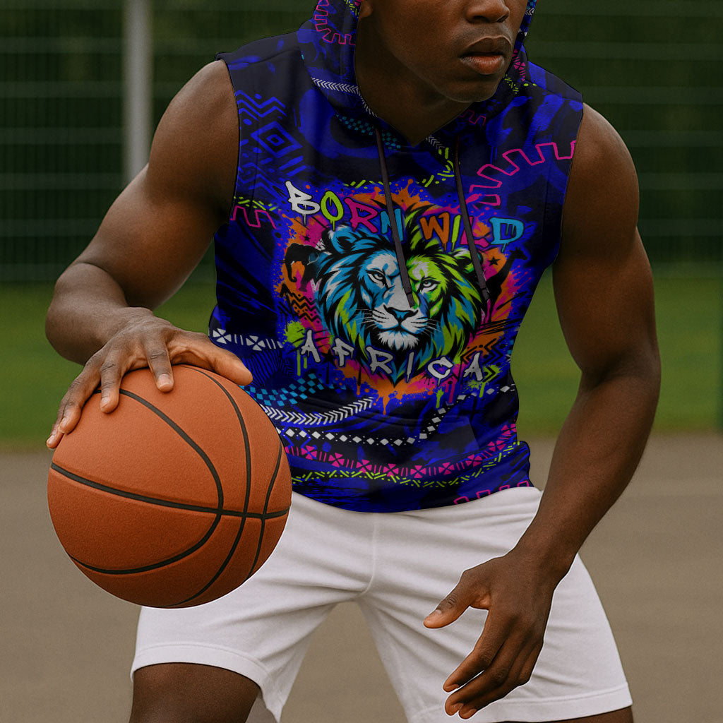 African Wildlife Born Wild Sleeveless Hoodie Colorful Graffiti Street Art - Tribal Safari Lion Elephant