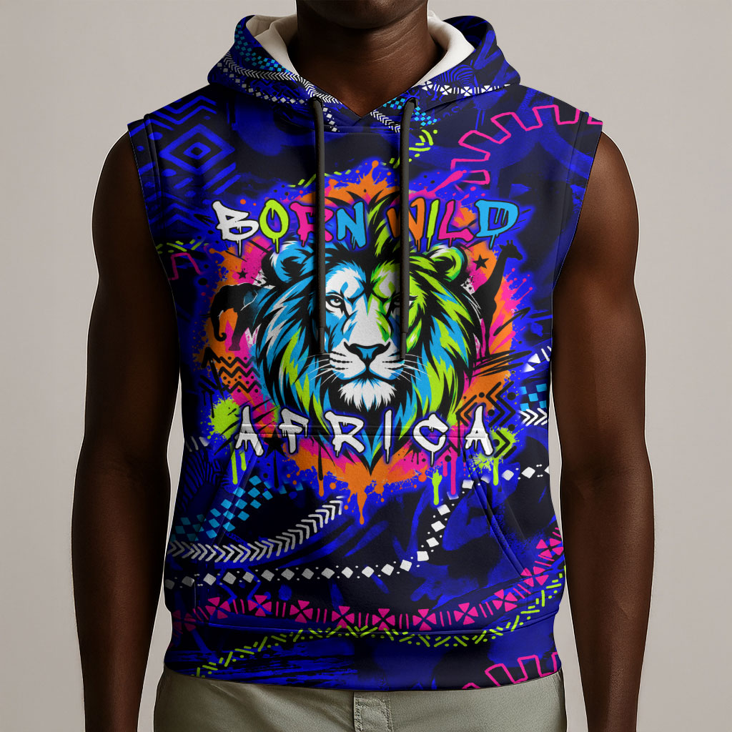African Wildlife Born Wild Sleeveless Hoodie Colorful Graffiti Street Art - Tribal Safari Lion Elephant