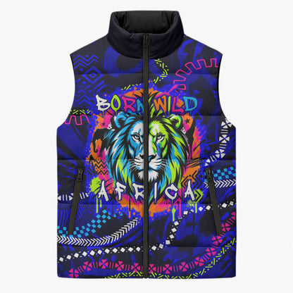 African Wildlife Born Wild Sleeveless Puffer Jacket Colorful Graffiti Street Art - Tribal Safari Lion Elephant
