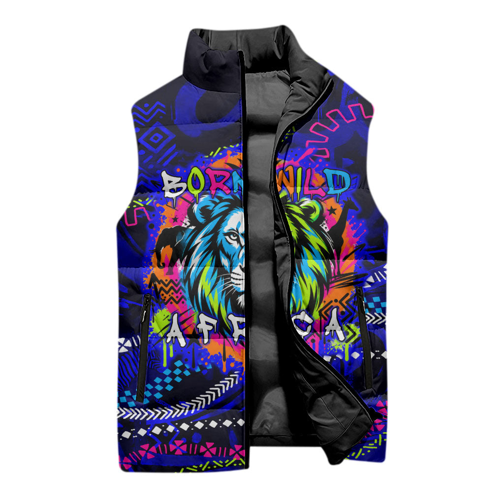 African Wildlife Born Wild Sleeveless Puffer Jacket Colorful Graffiti Street Art - Tribal Safari Lion Elephant