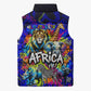 African Wildlife Born Wild Sleeveless Puffer Jacket Colorful Graffiti Street Art - Tribal Safari Lion Elephant