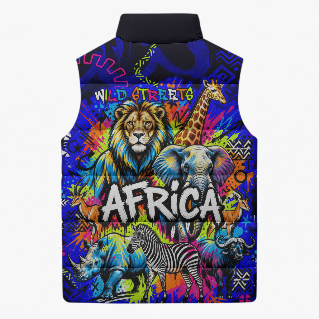 African Wildlife Born Wild Sleeveless Puffer Jacket Colorful Graffiti Street Art - Tribal Safari Lion Elephant
