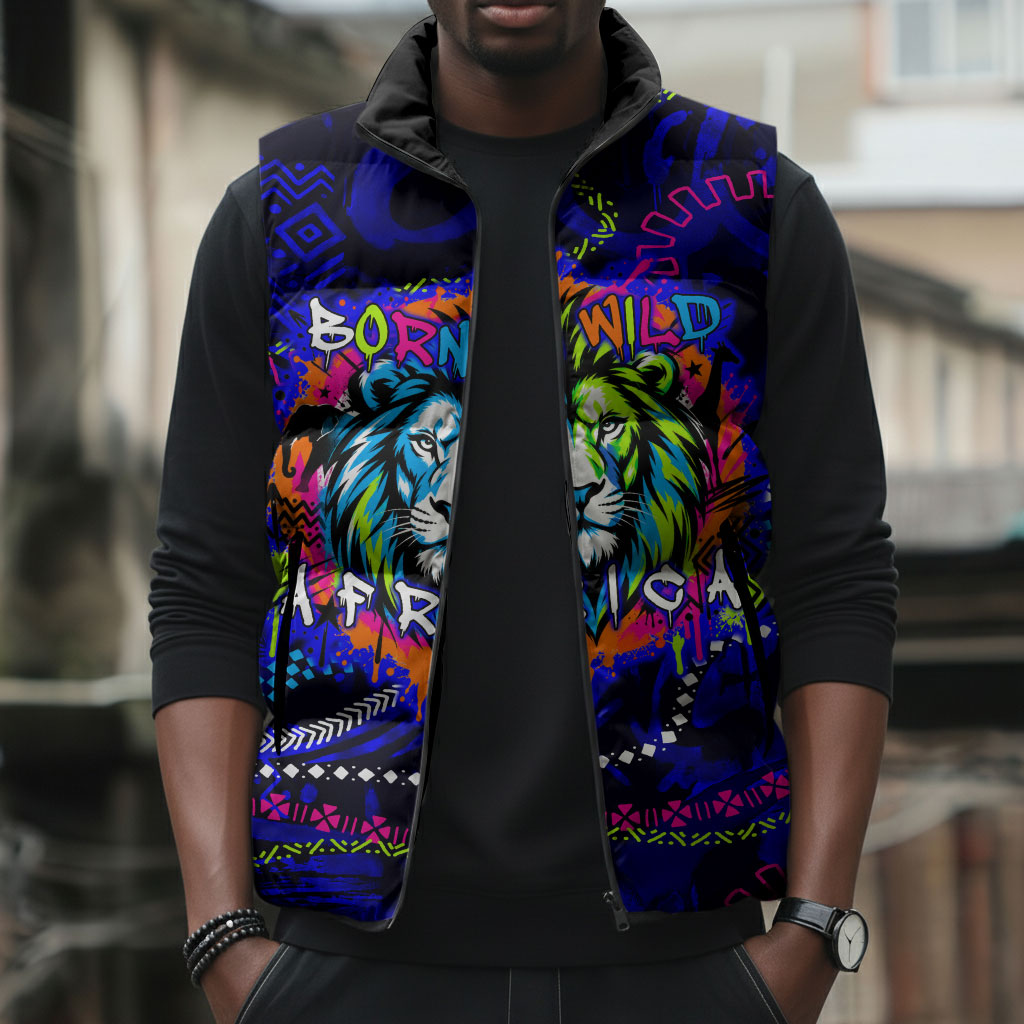 African Wildlife Born Wild Sleeveless Puffer Jacket Colorful Graffiti Street Art - Tribal Safari Lion Elephant