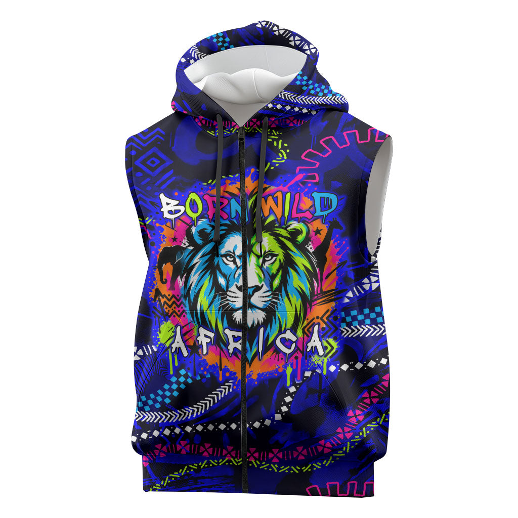 African Wildlife Born Wild Sleeveless Zip Hoodie Colorful Graffiti Street Art - Tribal Safari Lion Elephant