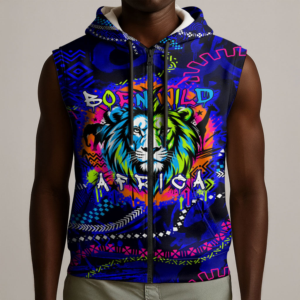 African Wildlife Born Wild Sleeveless Zip Hoodie Colorful Graffiti Street Art - Tribal Safari Lion Elephant