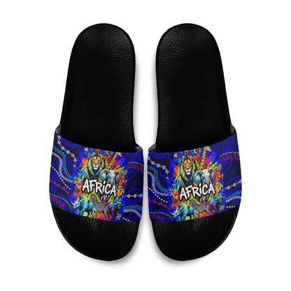 African Wildlife Born Wild Slide Sandals Colorful Graffiti Street Art - Tribal Safari Lion Elephant