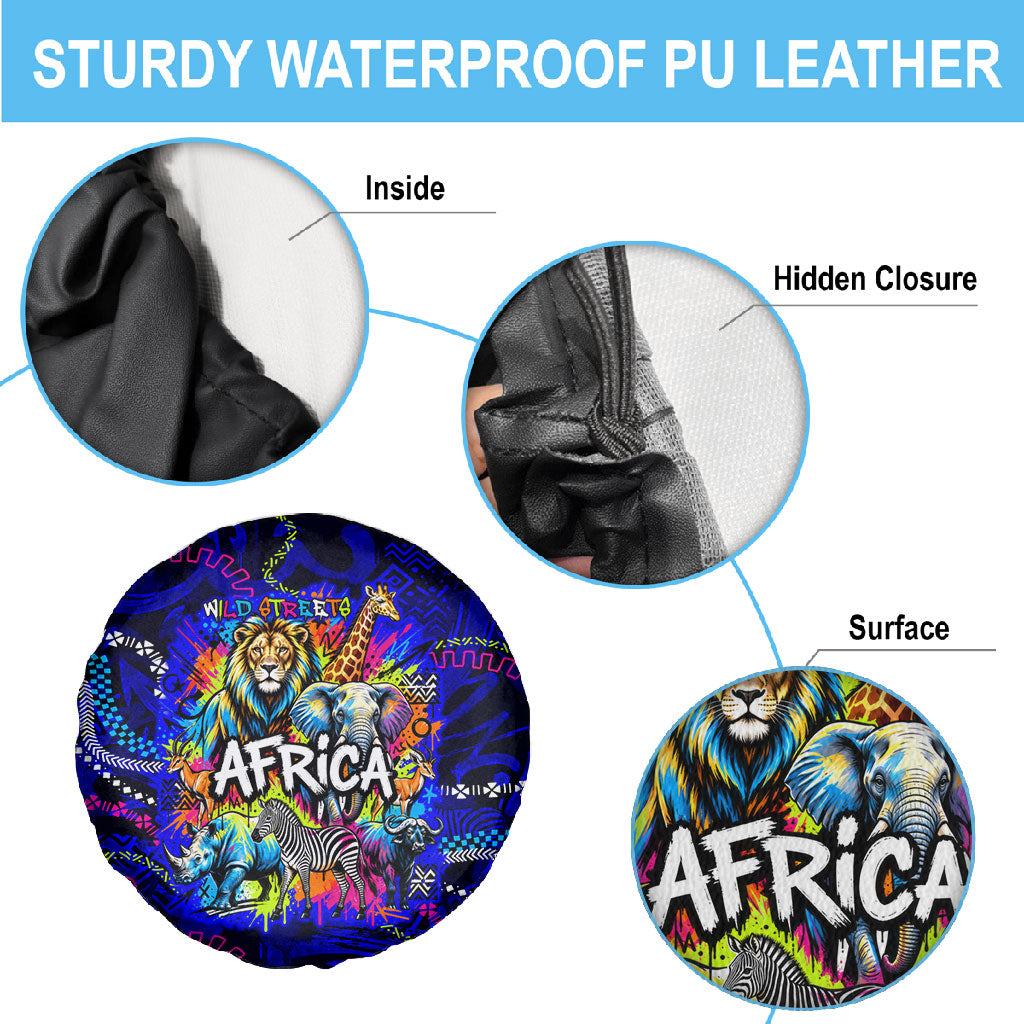 African Wildlife Born Wild Spare Tire Cover Colorful Graffiti Street Art - Tribal Safari Lion Elephant
