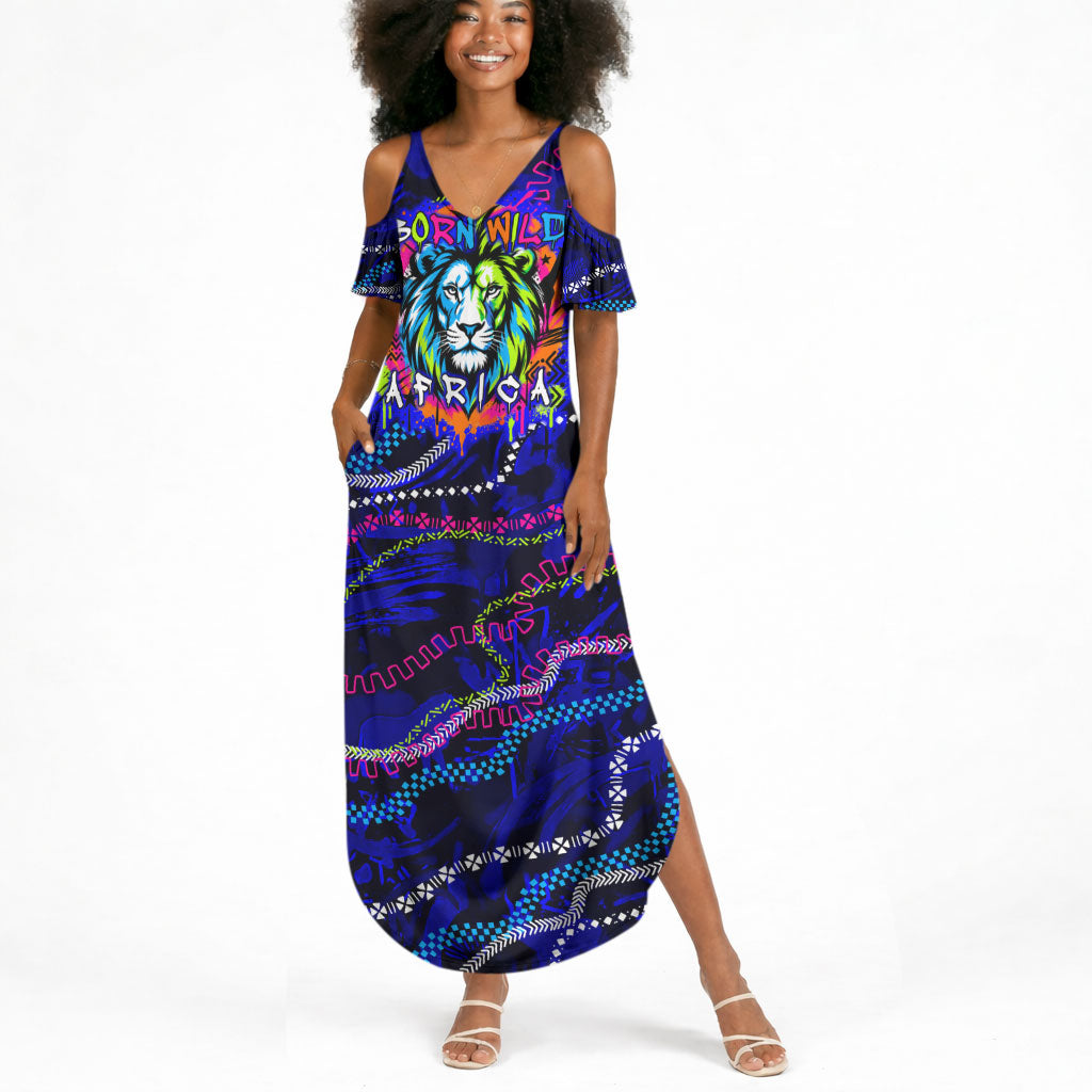 African Wildlife Born Wild Summer Maxi Dress Colorful Graffiti Street Art - Tribal Safari Lion Elephant