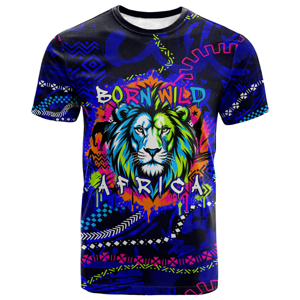 African Wildlife Born Wild T shirt Colorful Graffiti Street Art - Tribal Safari Lion Elephant