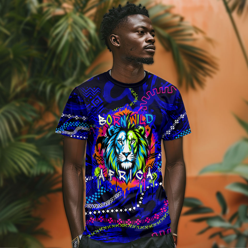 African Wildlife Born Wild T shirt Colorful Graffiti Street Art - Tribal Safari Lion Elephant