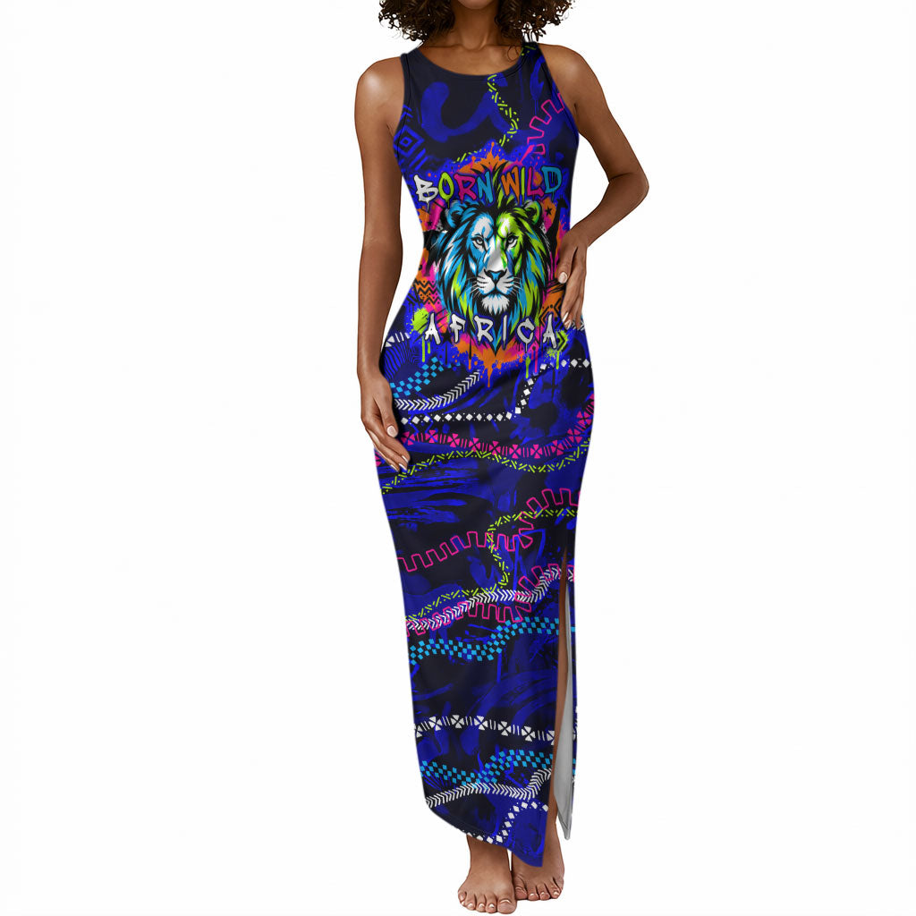 African Wildlife Born Wild Tank Maxi Dress Colorful Graffiti Street Art - Tribal Safari Lion Elephant