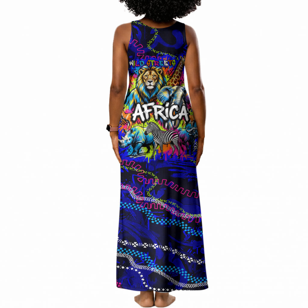 African Wildlife Born Wild Tank Maxi Dress Colorful Graffiti Street Art - Tribal Safari Lion Elephant
