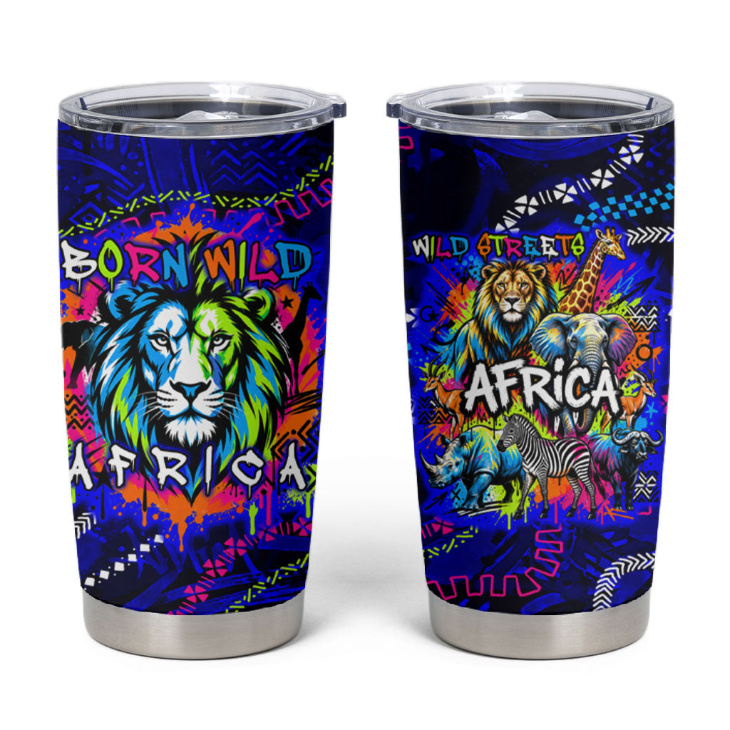 African Wildlife Born Wild Tumbler Cup Colorful Graffiti Street Art - Tribal Safari Lion Elephant