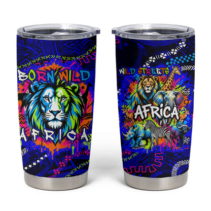 African Wildlife Born Wild Tumbler Cup Colorful Graffiti Street Art - Tribal Safari Lion Elephant