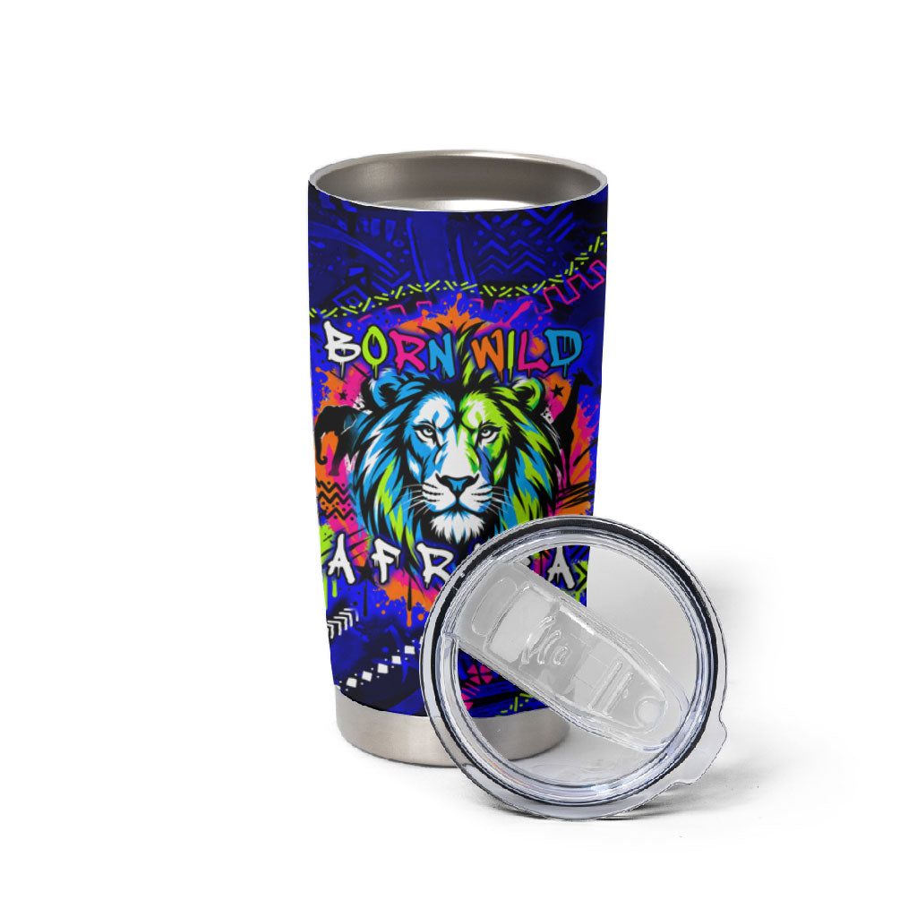 African Wildlife Born Wild Tumbler Cup Colorful Graffiti Street Art - Tribal Safari Lion Elephant