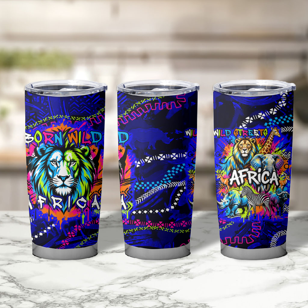 African Wildlife Born Wild Tumbler Cup Colorful Graffiti Street Art - Tribal Safari Lion Elephant