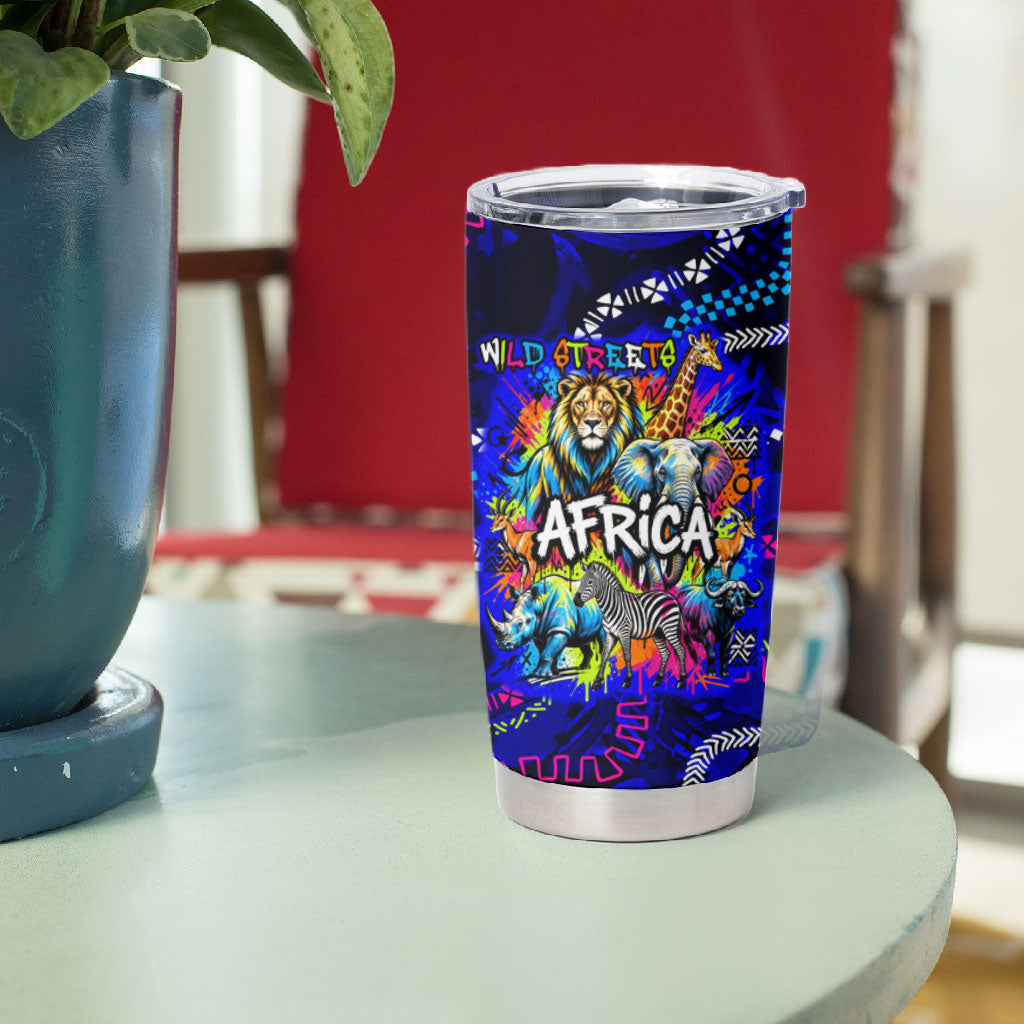 African Wildlife Born Wild Tumbler Cup Colorful Graffiti Street Art - Tribal Safari Lion Elephant