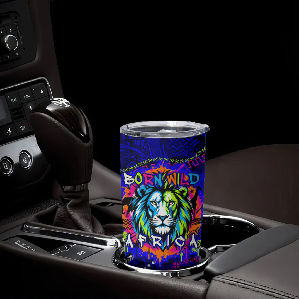 African Wildlife Born Wild Tumbler Cup Colorful Graffiti Street Art - Tribal Safari Lion Elephant