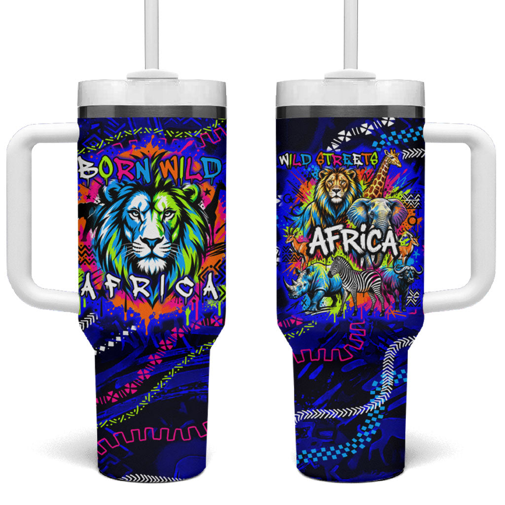African Wildlife Born Wild Tumbler With Handle Colorful Graffiti Street Art - Tribal Safari Lion Elephant