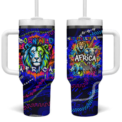 African Wildlife Born Wild Tumbler With Handle Colorful Graffiti Street Art - Tribal Safari Lion Elephant