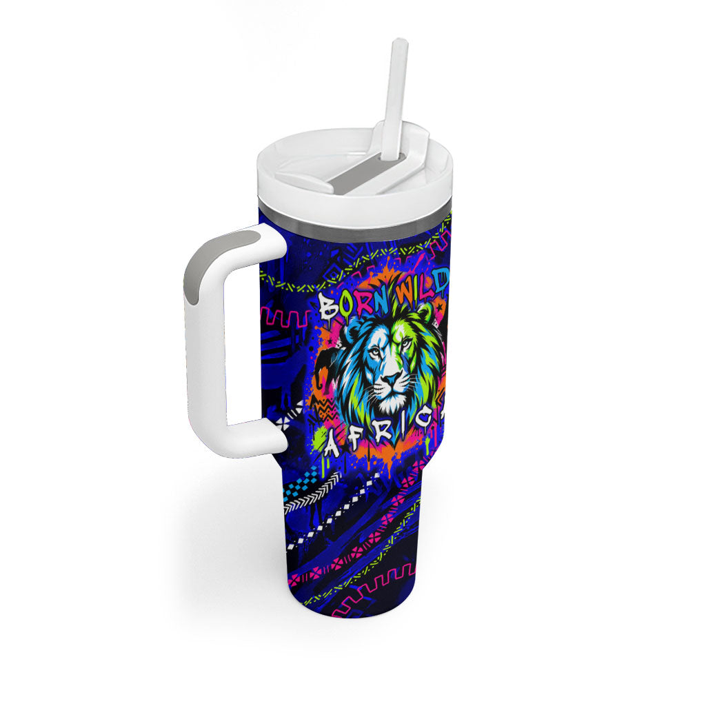 African Wildlife Born Wild Tumbler With Handle Colorful Graffiti Street Art - Tribal Safari Lion Elephant