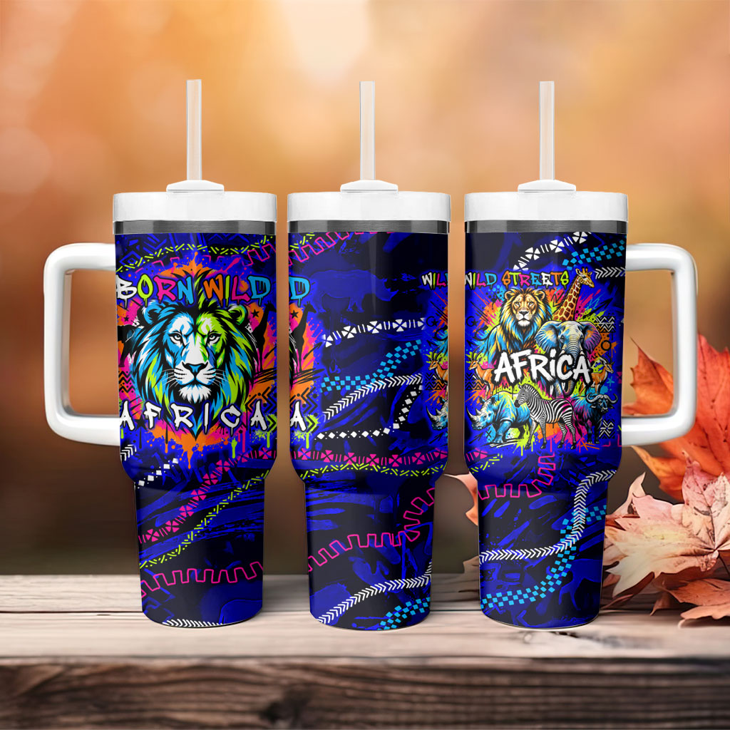African Wildlife Born Wild Tumbler With Handle Colorful Graffiti Street Art - Tribal Safari Lion Elephant