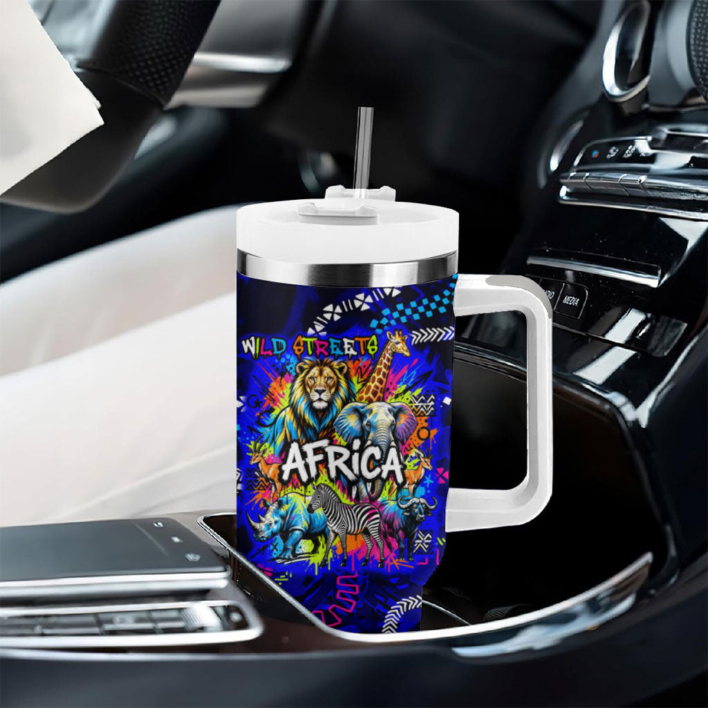 African Wildlife Born Wild Tumbler With Handle Colorful Graffiti Street Art - Tribal Safari Lion Elephant