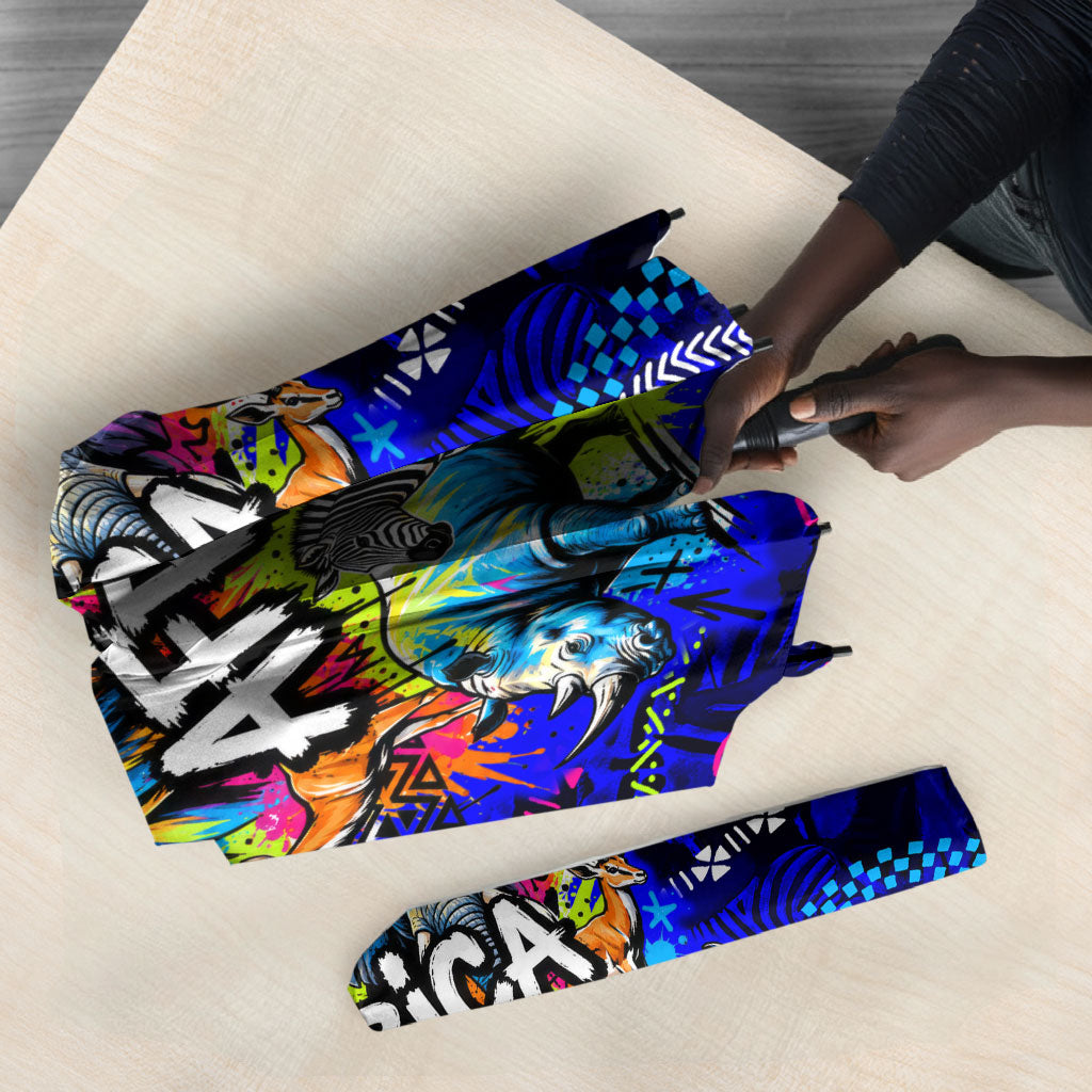 African Wildlife Born Wild Umbrella Colorful Graffiti Street Art - Tribal Safari Lion Elephant