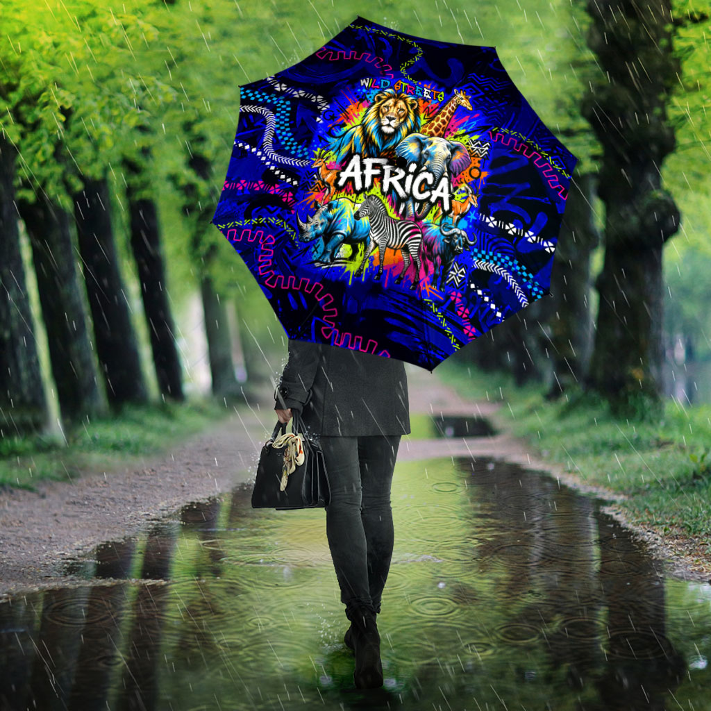 African Wildlife Born Wild Umbrella Colorful Graffiti Street Art - Tribal Safari Lion Elephant