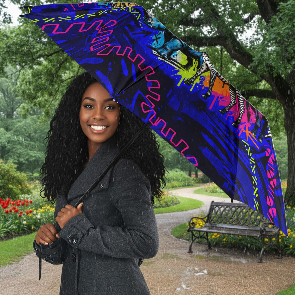 African Wildlife Born Wild Umbrella Colorful Graffiti Street Art - Tribal Safari Lion Elephant