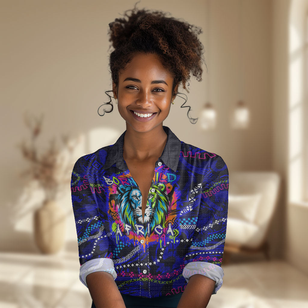 African Wildlife Born Wild Women Casual Shirt Colorful Graffiti Street Art - Tribal Safari Lion Elephant