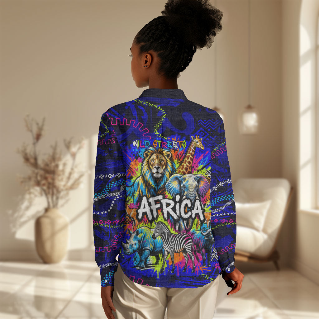 African Wildlife Born Wild Women Casual Shirt Colorful Graffiti Street Art - Tribal Safari Lion Elephant