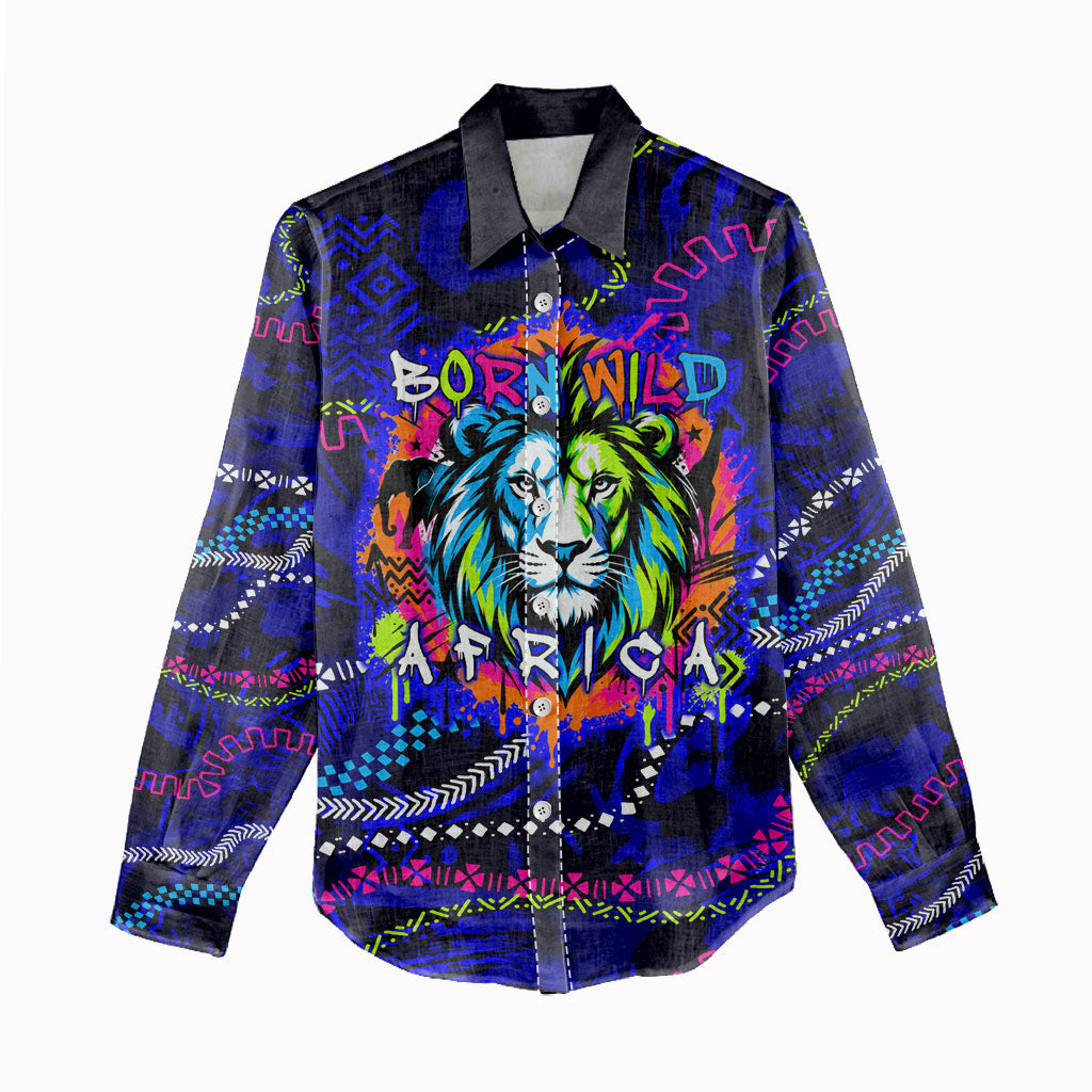 African Wildlife Born Wild Women Casual Shirt Colorful Graffiti Street Art - Tribal Safari Lion Elephant