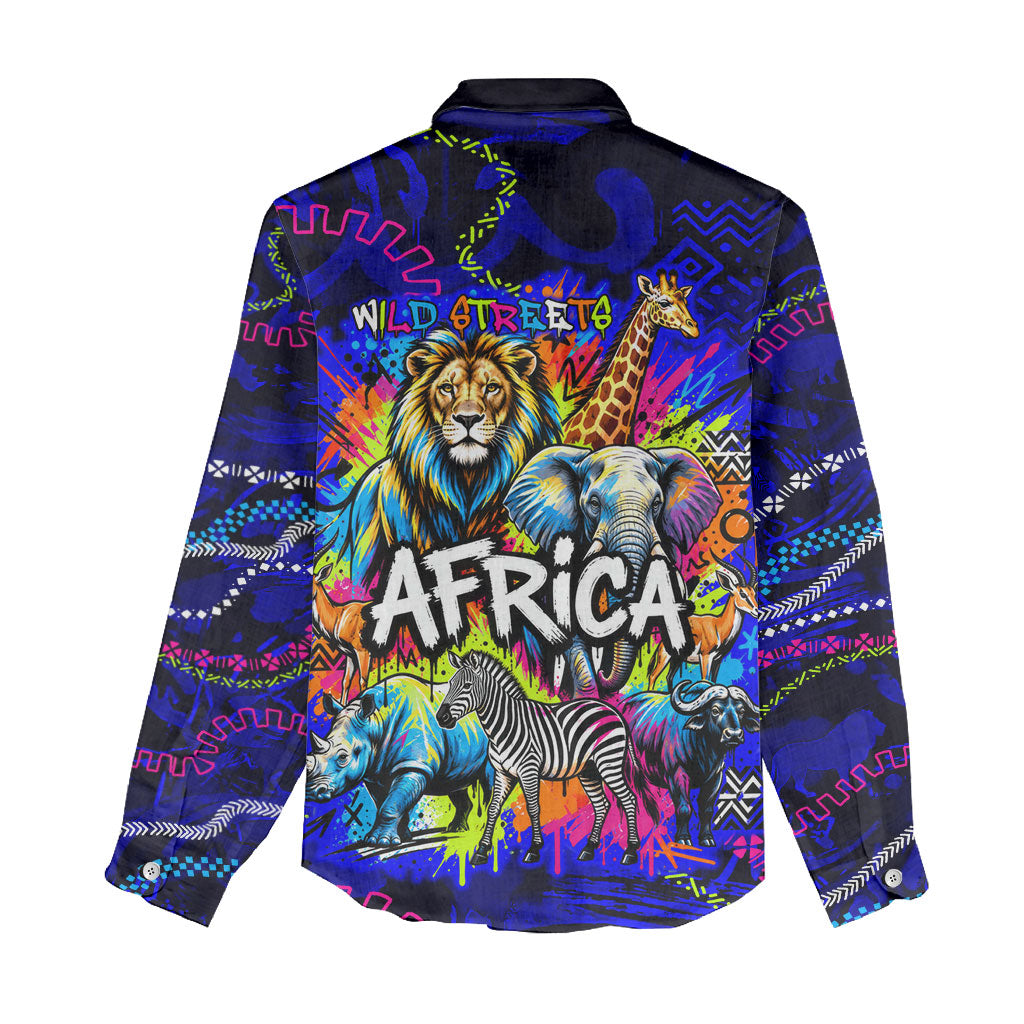 African Wildlife Born Wild Women Casual Shirt Colorful Graffiti Street Art - Tribal Safari Lion Elephant