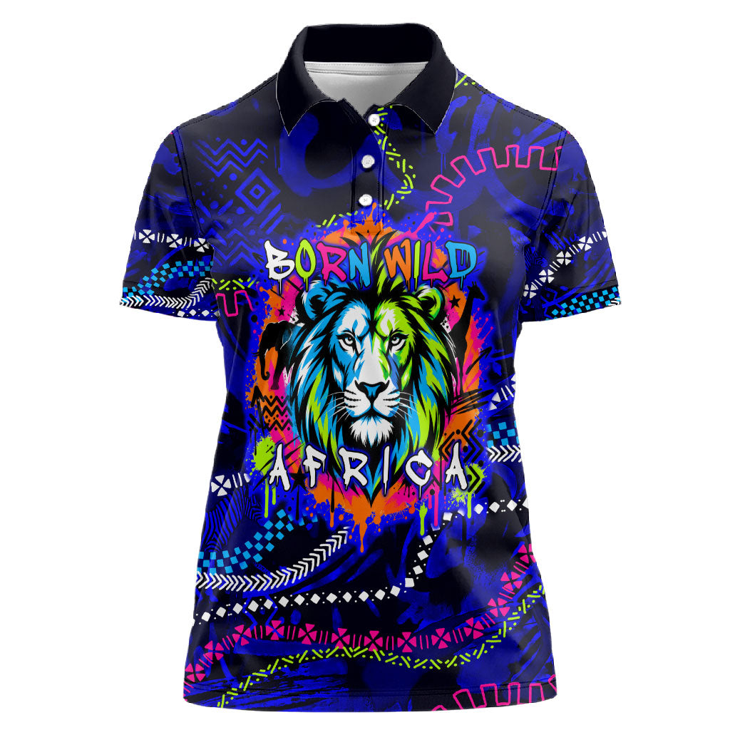 African Wildlife Born Wild Women Polo Shirt Colorful Graffiti Street Art - Tribal Safari Lion Elephant