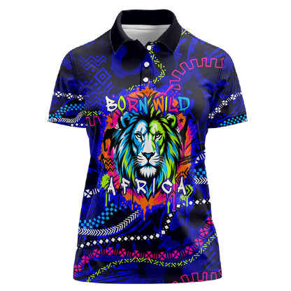 African Wildlife Born Wild Women Polo Shirt Colorful Graffiti Street Art - Tribal Safari Lion Elephant