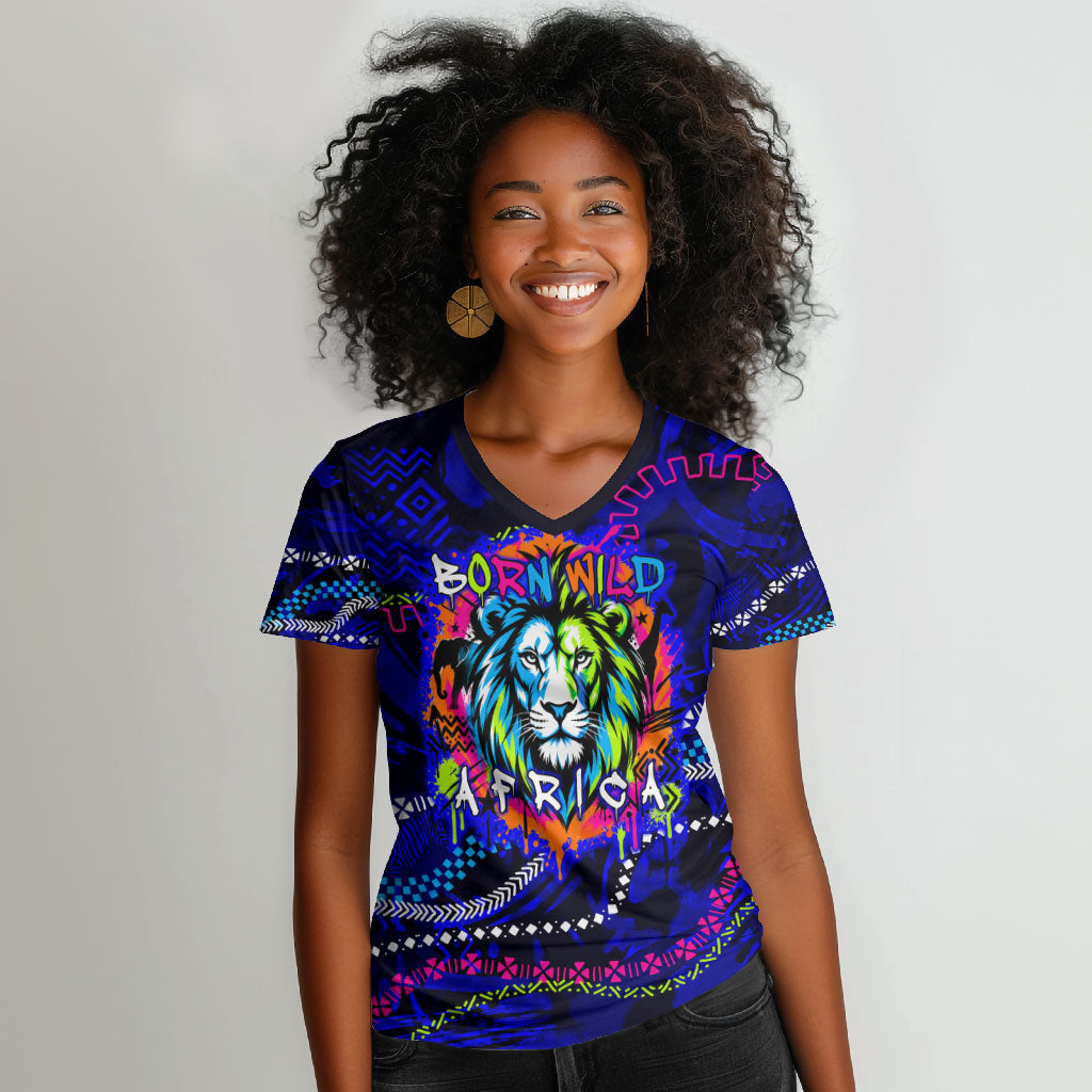 African Wildlife Born Wild Women V-Neck T-Shirt Colorful Graffiti Street Art - Tribal Safari Lion Elephant