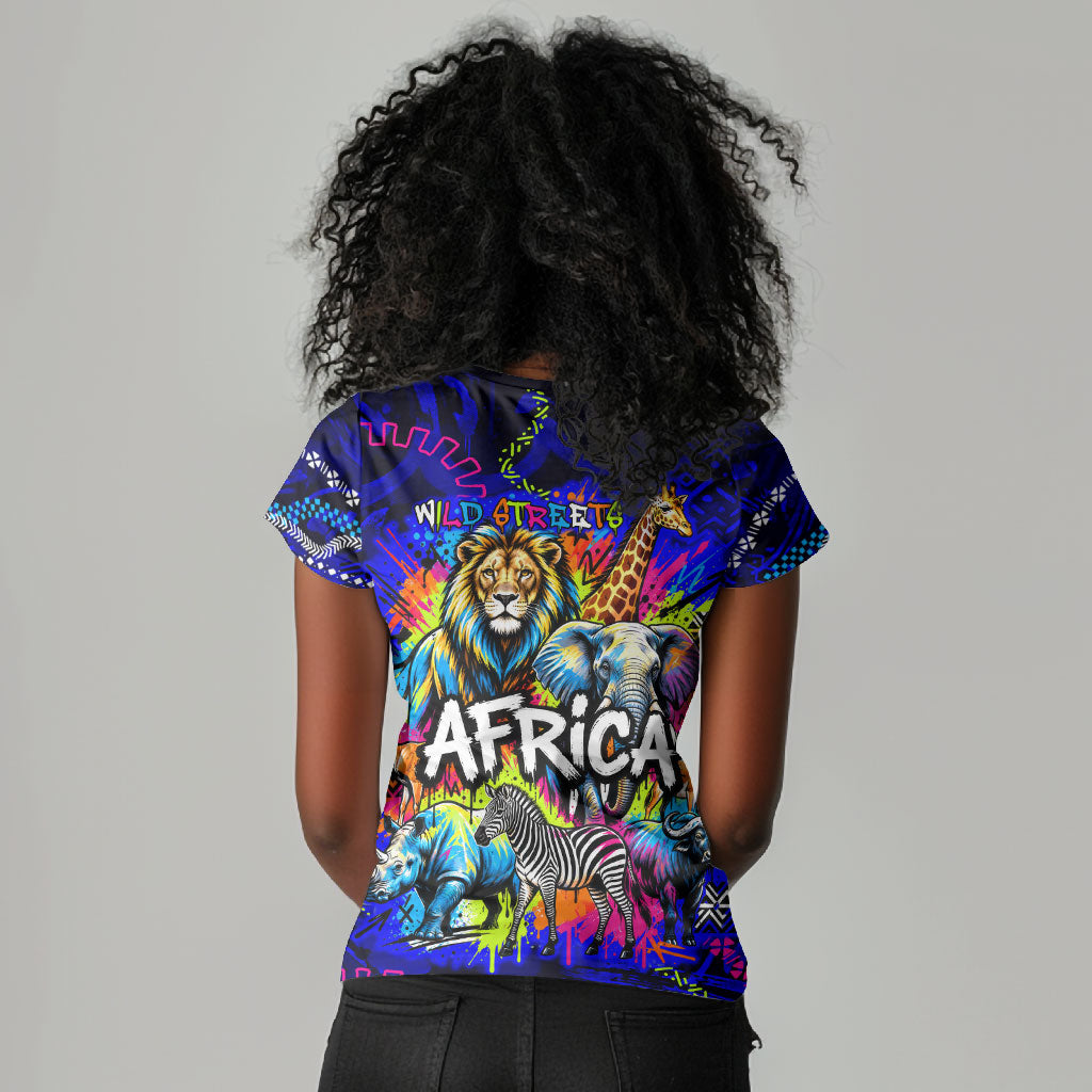 African Wildlife Born Wild Women V-Neck T-Shirt Colorful Graffiti Street Art - Tribal Safari Lion Elephant