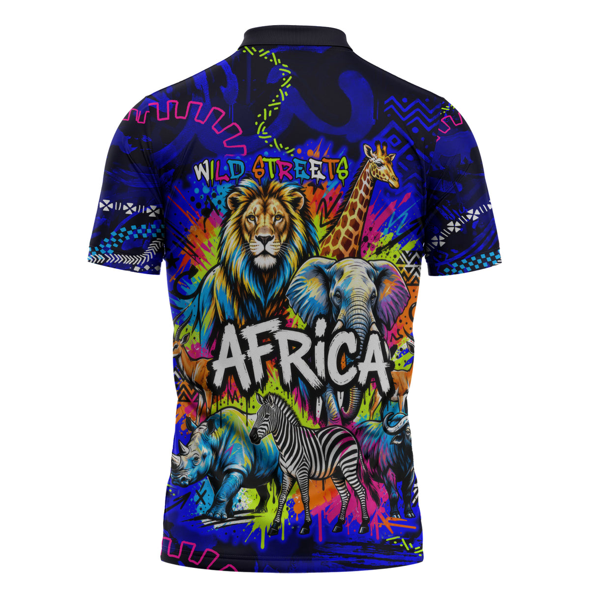 African Wildlife Born Wild Zipper Polo Shirt Colorful Graffiti Street Art - Tribal Safari Lion Elephant