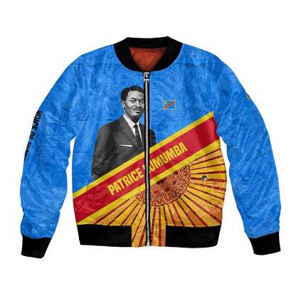 Patrice Lumumba Bomber Jacket with Congolese Flag Colors and African History Quote - African Pride